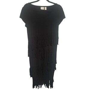 Chicos Fringe Stretchy Shapely Dress Bohemian Tiered Black Short Sleeve Bodycon